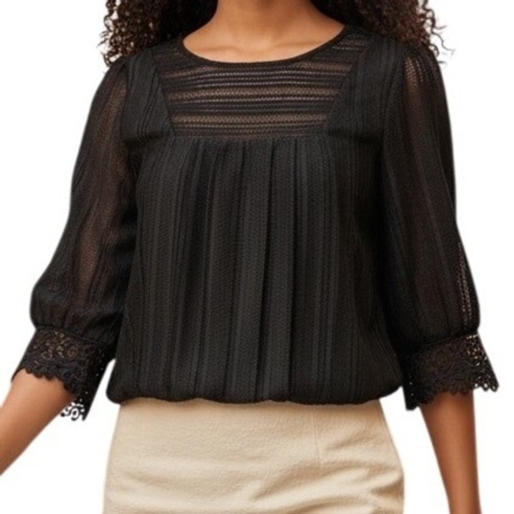 🆕 EXPRESS Black Pointelle Knit Bodysuit Semi Sheer Lace 3/4‎ Sleeve EUC XS